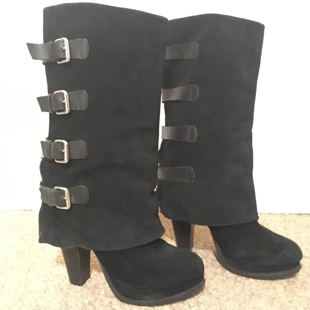Black leather and suede heeled boots